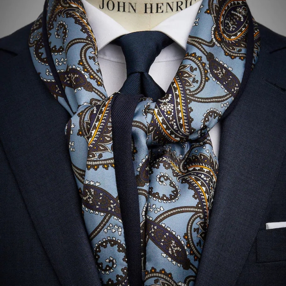 New John Henric Light Blue Paisley Silk Scarf